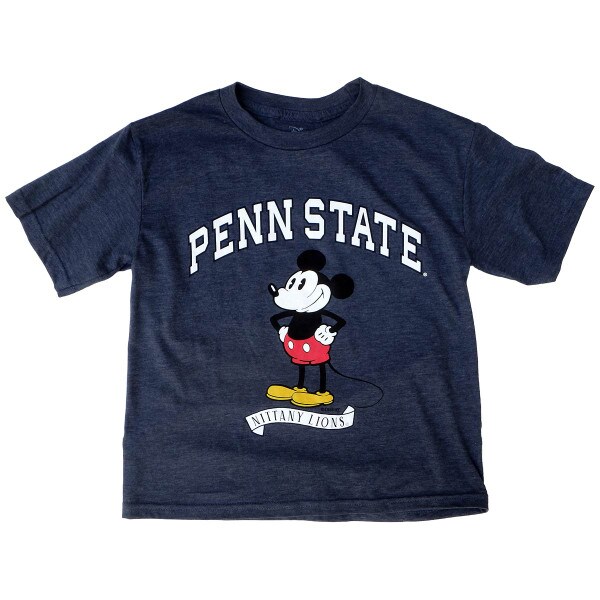youth navy heather short sleeve t-shirt with Mickey Mouse and Penn State Nittany Lions